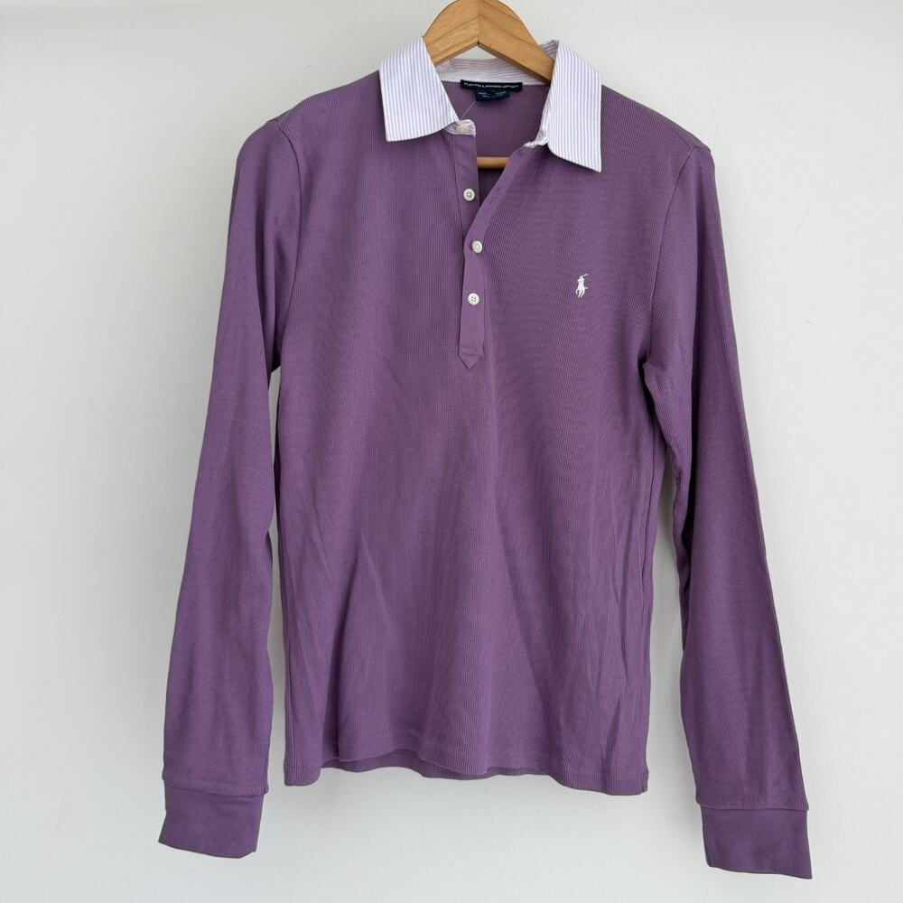 Ralph Lauren Polo Shirt Womens XL Purple Rugby Cotton Rib Knit Contrast Collar - Picture 6 of 10